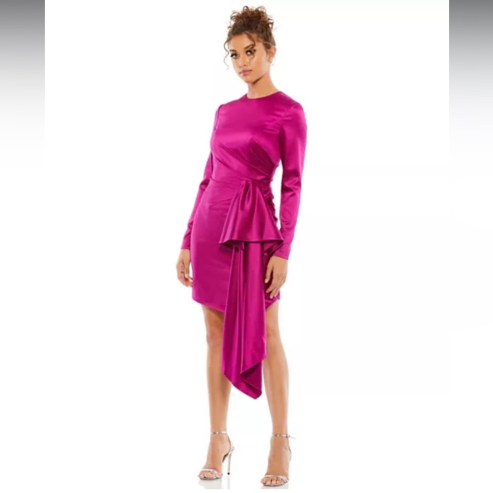 NWT Women's Ieena Asymmetrical Draped Long Sleeve Mini Dress by Mac Duggal
